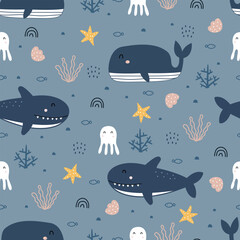 Nursery seamless pattern whale and shark in the sea hand drawn design in cartoon style Use for textiles, prints, wallpapers, vector illustration