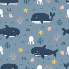 Papier Peint photo Baleine Nursery seamless pattern whale and shark in the sea hand drawn design in cartoon style Use for textiles, prints, wallpapers, vector illustration