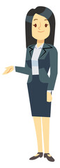 Woman in corporate suit. Businesswoman showing something