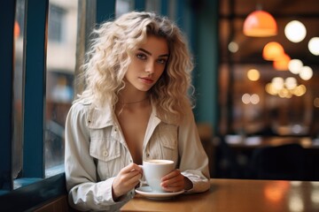 Young woman savoring a creamy espresso in a cafe.