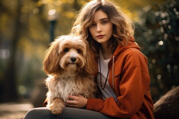 Young woman with her pet dog at a vibrant park.