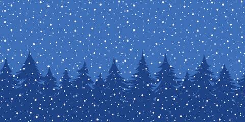 Minimalistic winter landscape, cartoon nature, forest and falling snow, vector illustration - obrazy, fototapety, plakaty