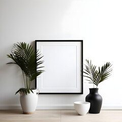 Empty, aesthetic and thin frame mockup in Black with vases and plants