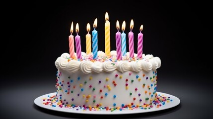 Colorful Birthday Cake with Candles Isolated on the Minimalist Background
