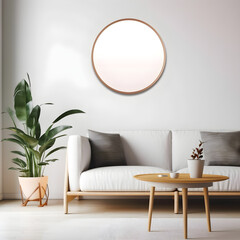 Round, empty wooden frame mockup hanging on a wall in a livingroom