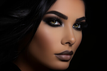 Stunning portrait of a beautiful caucasian model, with black hair and dark make-up, gracefully framed against a dark background
