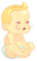 Tired sick baby sit in diaper. Cartoon toddler
