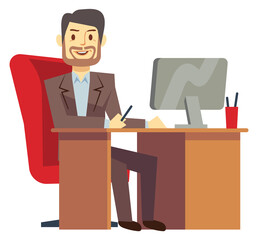 Man in suit working at desk. Office manager character