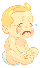 Crying toddler character. Cartoon sad unhappy baby