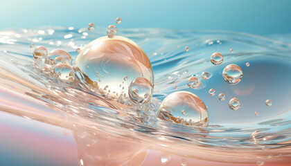 Wasserkugel oder durchsichtige Perle im Wasser in pastell t&uuml;rkis und pastell orange