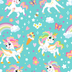 Seamless vector pattern unicorns and elements turquoise illustration