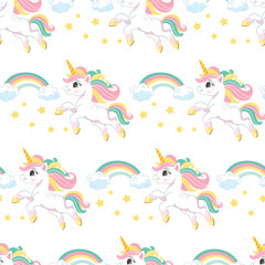 Seamless vector pattern unicorns and elements white illustration