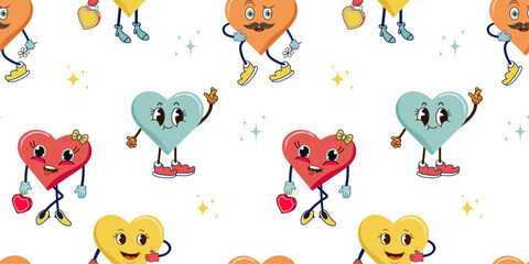 Obraz premium Vector Seamless background for vector illustration for valentine's day in retro 70's 80's style. cute cupid.