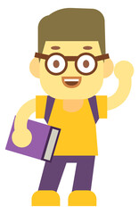 School boy color icon. Funny kid with book and backpack