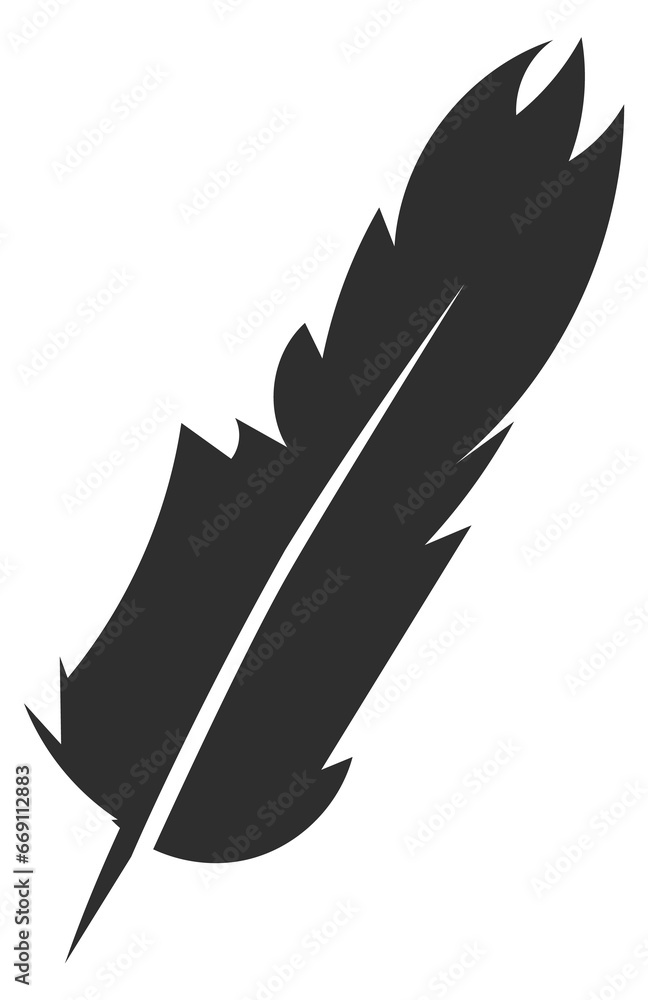 Poster Fluffy feather logo. Black quill silhouette icon