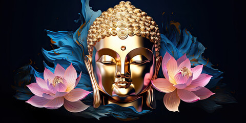 glowing Lotus flowers and gold buddha statue