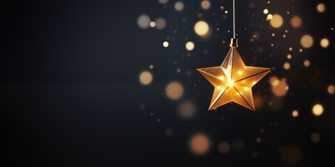 Christmas stars lights on dark background with bokeh abstract defocused elements, copy space, generative ai