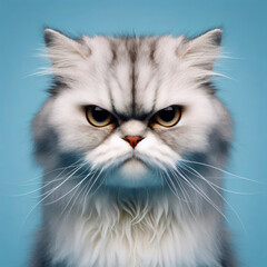 portrait of an angry cat on blue background. ai generative