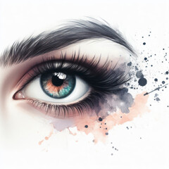 Beautiful woman's eye with watercolor splashes on white background. ai generative
