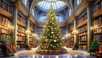 Christmas tree in library  - obrazy, fototapety, plakaty
