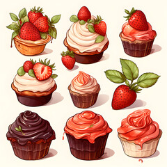 Cupcake, bread icons. Bakery pastry products. Sweet desserts, watercolor illustration