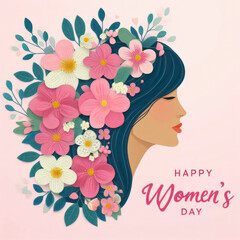 International Women's Day. Women's profile with flowers in applique style on pastel background. ai generative