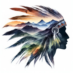 Native american silhouette, head morphing into mountains. ai generative - obrazy, fototapety, plakaty