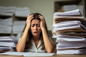 A young female office worker looks tired and stressed from too much paperwork.