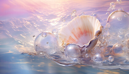 Obraz na płótnie Canvas Muschel unter Wasser mit Perlen in pastell blau und pastell pink