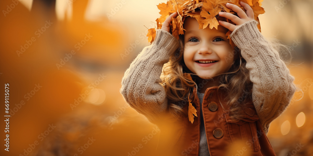 Wall mural Autumn mood -  Little happy child girl with a smile holding maple leaves on fall nature background, Hello autumn, Stylish children kid having fun in autumn park, Kids autumn sale, generative ai