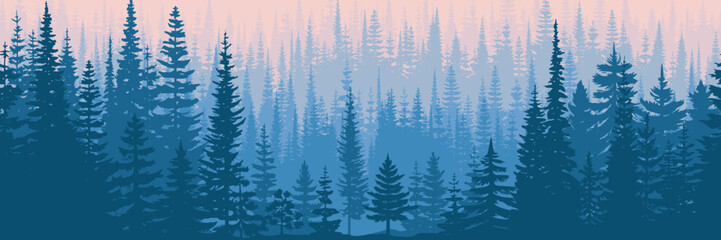 Coniferous forest in the morning haze, seamless border, banner  © Valerii