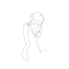Woman abstract silhouette, back hug, warms up, sad posture, single line on white background, continuous line drawing, tattoo and logo design, isolated vector illustration.