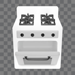 3d open oven door realistic vector kitchen interior appliance. Isolated white cooker stove with gas burner perspective display front. Clean and glossy cooking object png with handle illustration