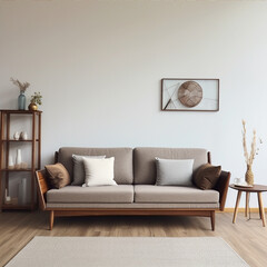 a Scandinavian-style sofa. the color of the sofa seat is beige, the sides are brown. size width 220 cm depth 90 cm height 85 cm