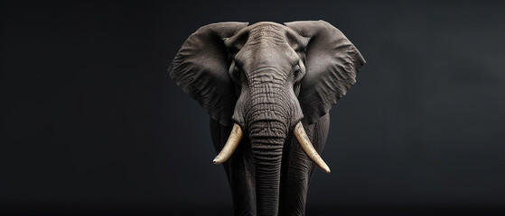 Front view of a elephant on black background. Wild animals banner with empty copy space