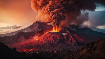 A fierce volcanic eruption unfolds, sending billowing smoke and ash into the fiery sunset sky. Lava flows illuminate the rugged terrain, casting a glow on the surrounding mountains.