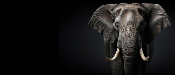 Front view of a elephant on black background. Wild animals banner with empty copy space