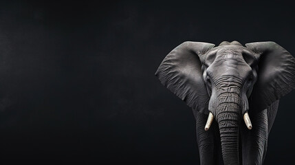 Fototapeta na wymiar Front view of a elephant on black background. Wild animals banner with empty copy space