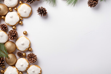 Baked Cookies and Christmas Decorations on White. Flat Lay. Copy Space