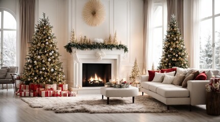 interior of stylish white living room with lovely fireplace, Christmas tree, and holiday décor - obrazy, fototapety, plakaty