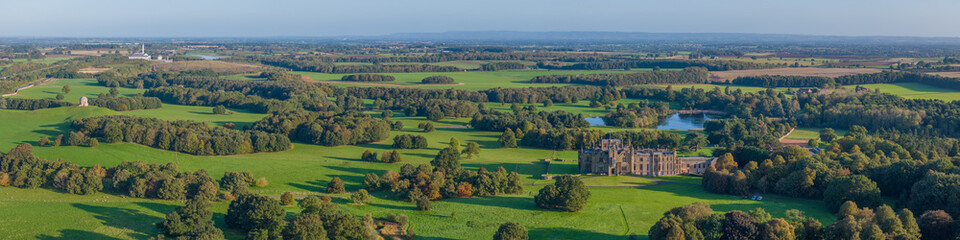 Allerton Castle North Yorkshire Castle and estate. Aerial view of the historic gothic castle near Leeds and York in Northern england. 
