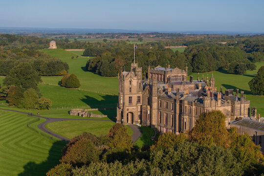 Allerton Castle North Yorkshire Castle and estate. Aerial view of the historic gothic castle near Leeds and York in Northern england. 