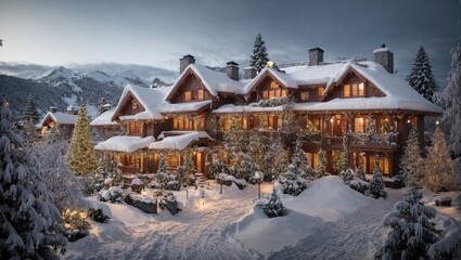Fototapeta premium the snow-covered roofs and trees are the perfect canvas for these stunning holiday decorations, with each house showcasing a different style and theme, from traditional to modern 