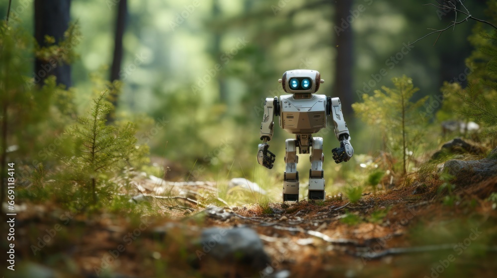 Poster robot against nature background, robot walking in the forest