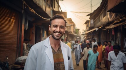 Slum community and health concept, smiling doctor standing in slum community, doctor and outside work	