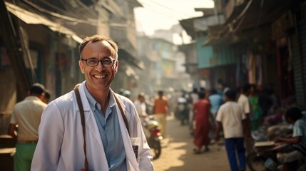 Doctor wearing uniform at slum, happy doctor with slum background - obrazy, fototapety, plakaty