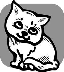 Cute lovely cat with funny face. Fluffy kitten best friend with big eyes. Home pet for baby, kids, boy, girl and family. Hand drown character. Retro vintage cartoon vector illustration drawn by hand.
