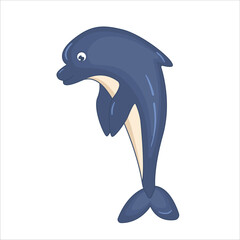 Sea dolphin cute isolated on white background. Vector illustration of sea animal dolphin. Sea world, sea life. Underwater world in cartoon style for badge, mascot, sticker on seafood theme.