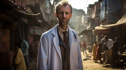 Doctor wearing uniform at slum, happy doctor with slum background	