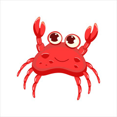 Cute red crab on a white background. Vector illustration in cartoon style for children. Sea animals, sea world, sea life. Big red crab for badge, mascot, sticker on seafood theme.